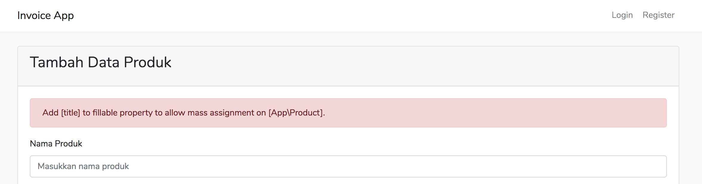 laravel invoice error fillable